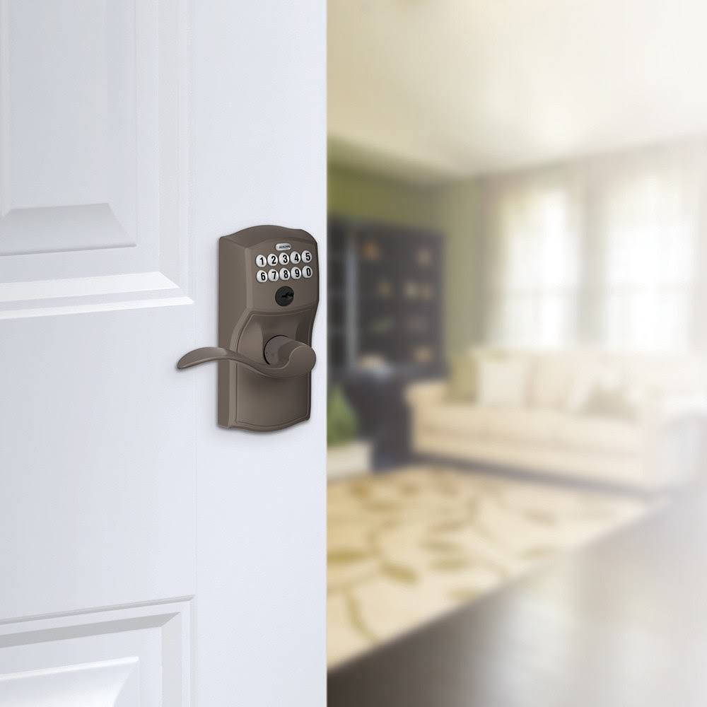 Schlage FE595 CAM/ACC Camelot Keypad Flex-Lock Entry Leverset with Accent Lever Satin Chrome
