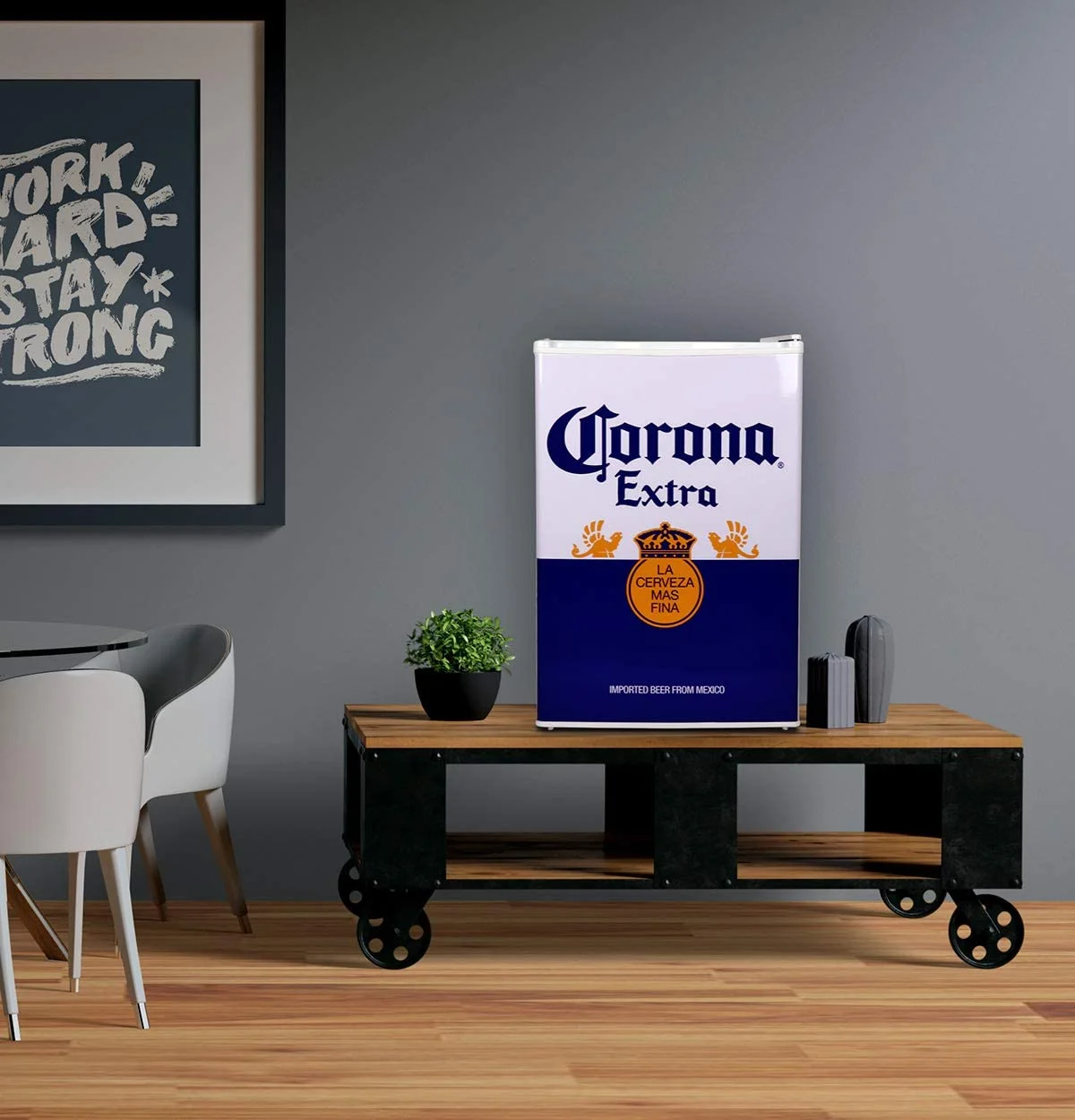 Corona Mini Beer Fridge with Freezer, 2.4 Cu. ft, 70 L for Frozen Meals, Beverages, White Blue