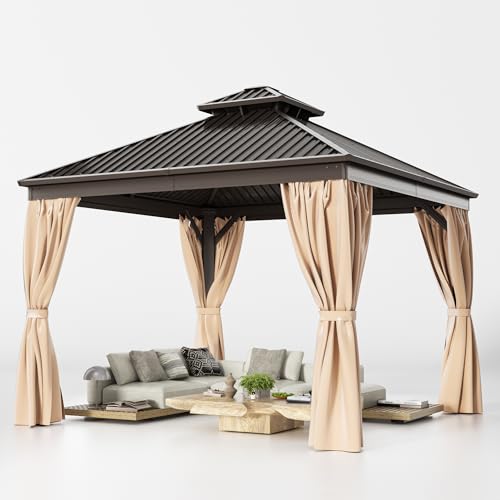 10x12 FT Hardtop Gazebo with Nettings and Curtains, Heavy Duty Gazebo with Galvanized Steel Double Roof, Permanent Outdoor Metal Pavilion for Patio