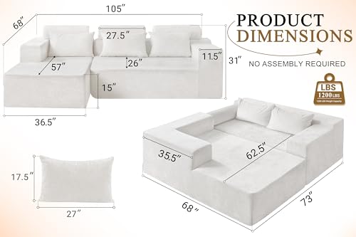 HABUTWAY 105" L-Shape Modular Sectional Sofa Couch for Living Room,No Assembly Required,Modular Comfy Sofa with Deep Seat for Living Room Bedroom