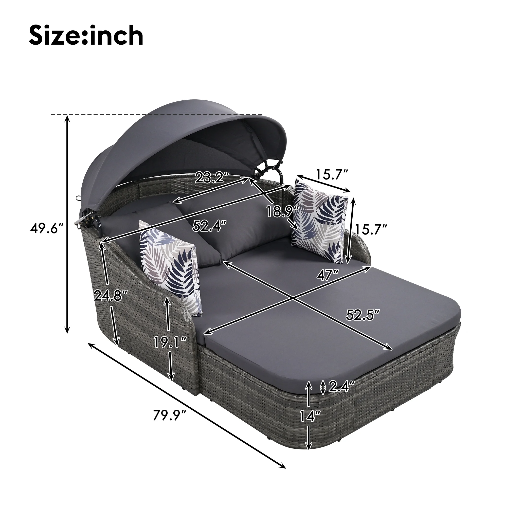 SEGMART Outdoor Sunbed with Retractable Canopy, Patio PE Rattan Double Lounge Daybed with 3 Cushion and 4 Pillows
