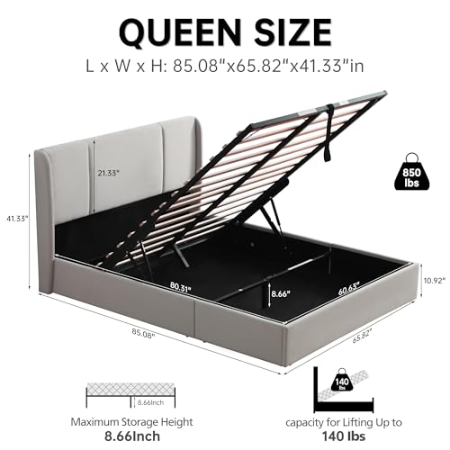 VELOCAVA Queen Size Lift Up Storage Bed with Modern Wingback Headboard, Upholstered Platform Bed with Fabric with Hydraulic Support Bars
