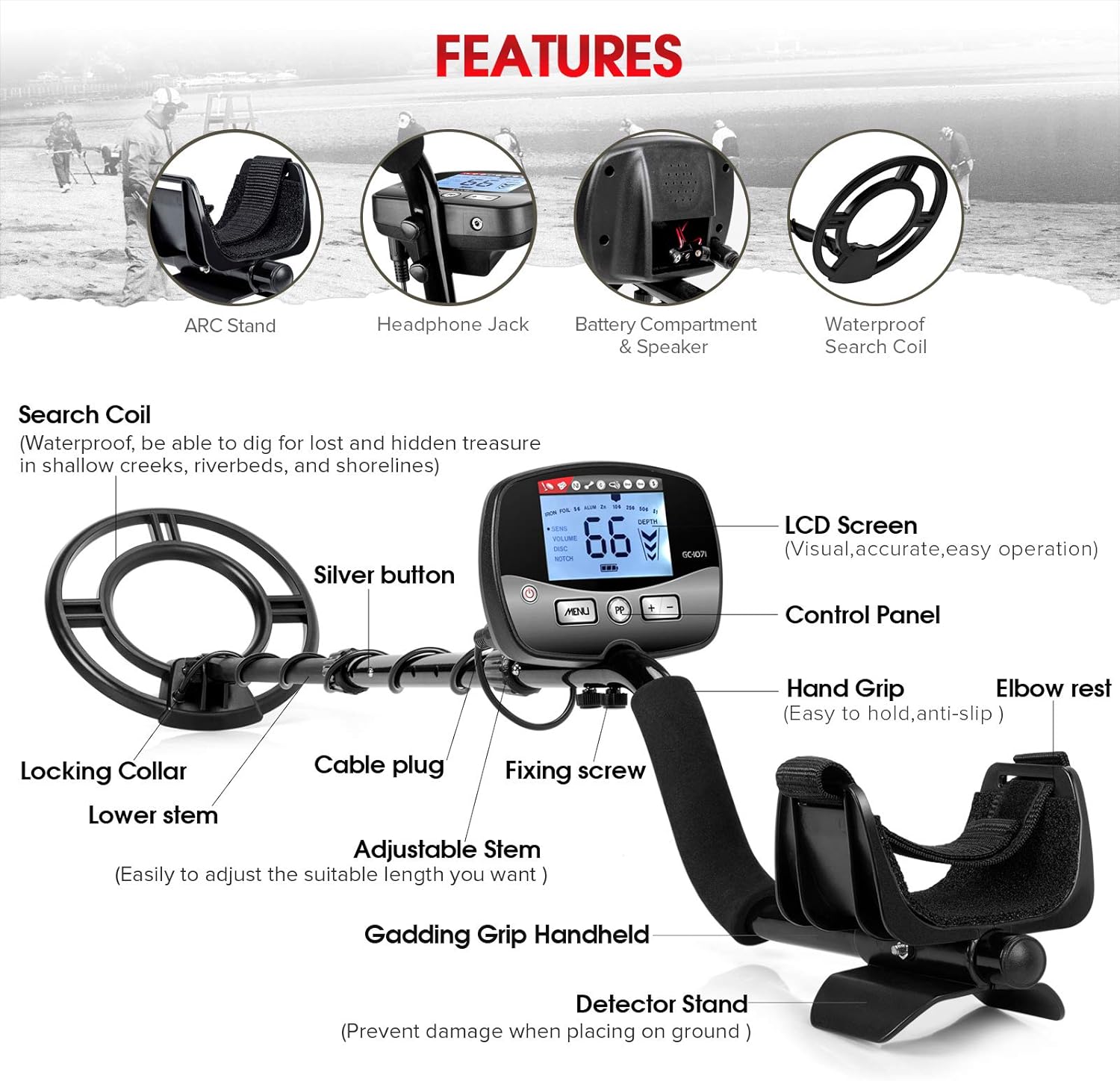 Professional Metal Detector for Adults, Adjustable 9 Identification Levels & 10 Levels of Sensitivity with Pinpoint Function