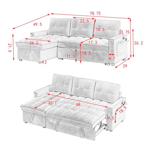 Convertible Chair Bed, 3 in 1 Convertible Sofa Bed Sleeper Sofa with Storage Chaise & Side Pocket, Built-in Charging Station