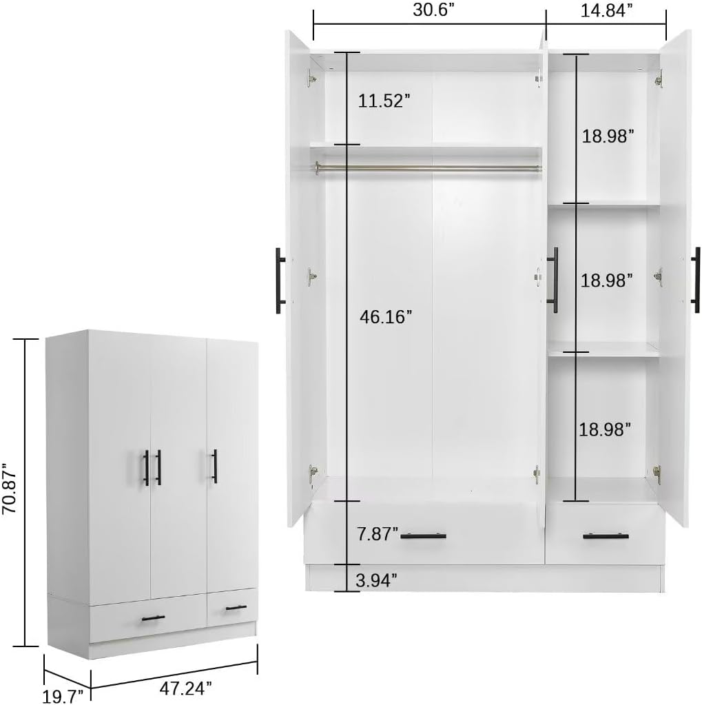 Armoire Wardrobe Closet: Bedroom Armoires with 2 drawers and Wardrobe Cabinet with 3 Doors Wardrobe Closet for Hanging Clothes White 47.24''W x