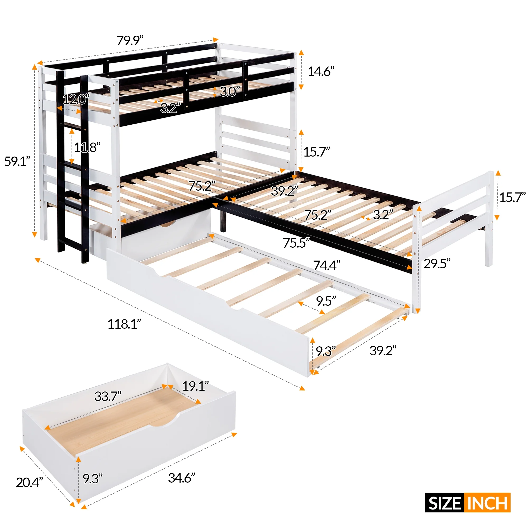 L-Shaped Twin Bunk Bed and Platform Bed with Trundle and Drawer, White - Curated Treasures Market