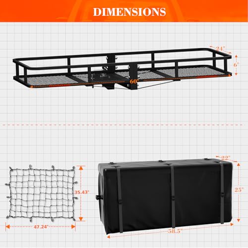 Hitch Cargo Carrier Basket Combo 60" x 24" x 6" 500 LBS Capacity Vehicle Baskets Fits 2" Receiver with 18.2 Cubic feet Cargo Bag, Hitch Stabilizer