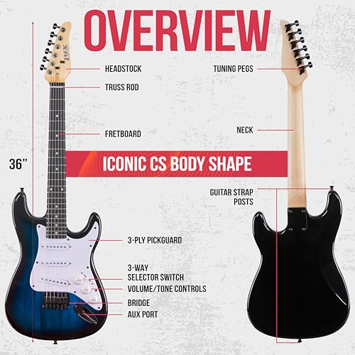 LyxPro 36 Inch Electric Guitar and Kit for Kids with 3/4 Size Beginner’s Guitar, Amp, Six Strings, Two Picks, Shoulder Strap, Digital Clip On Tuner
