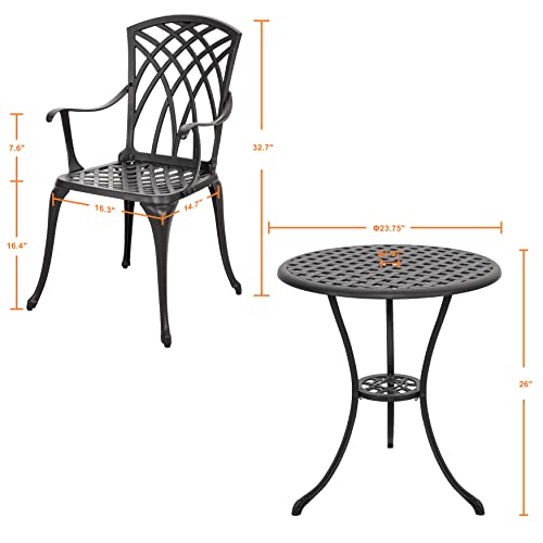 NUU GARDEN Bistro Set 3 Piece Outdoor Cast Aluminum Patio Bistro Set Patio Table and Chairs Set of 2 with Umbrella Hole and Gray Cushions, Black