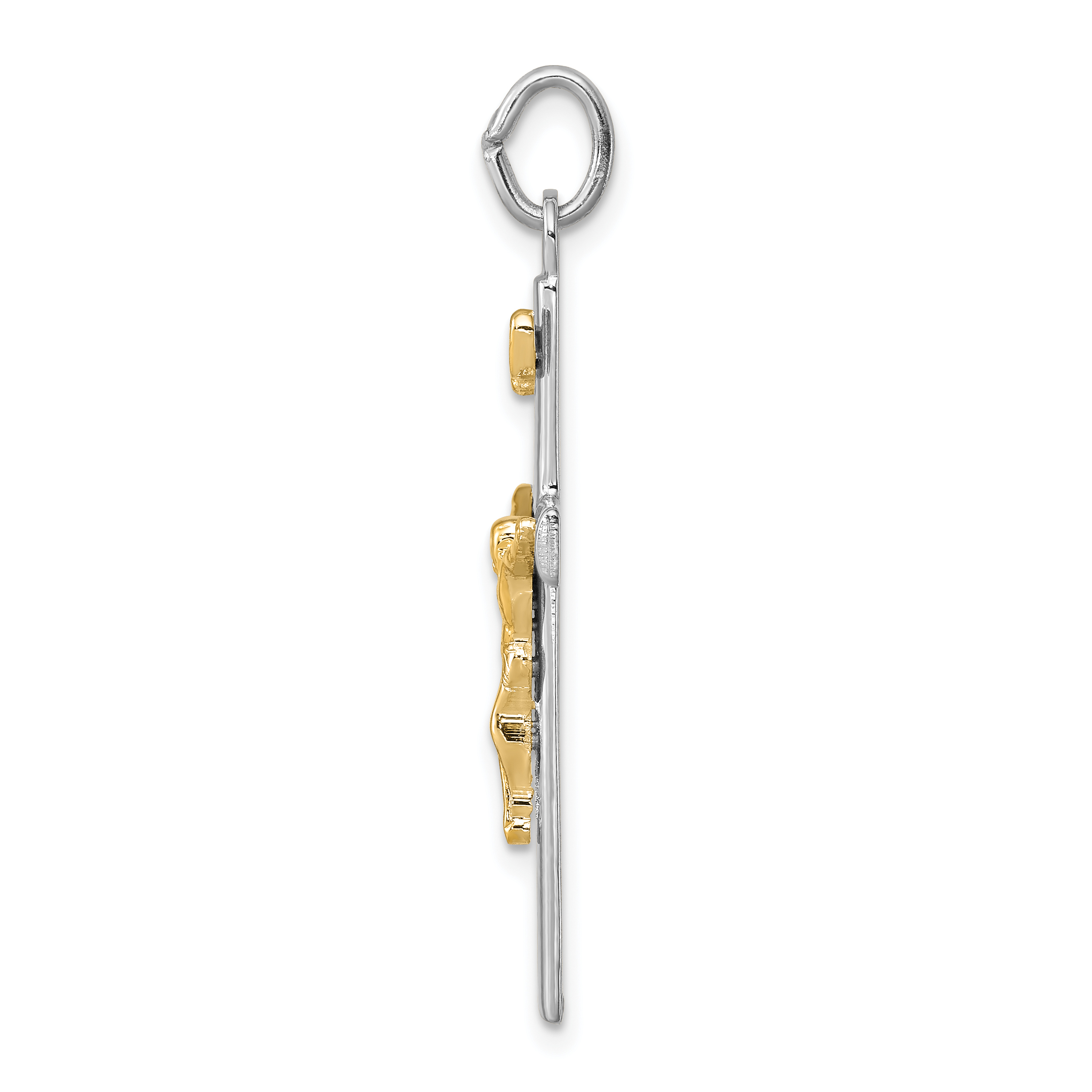 Carat in Karats Sterling Silver Polished Finish Rhodium-Plated 18K Gold Inri Crucifix Charm Pendant (37mm x 18mm) With Sterling Silver Cable Chain