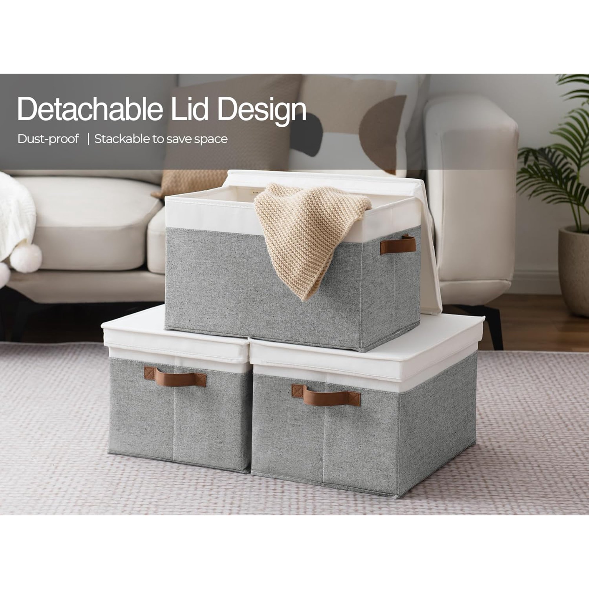 Storage Bins with Lids, Decorative Storage Boxes with Lid and PU Handles, Foldable Storage Baskets for Closet, Shelves, Stackable, Grey and White