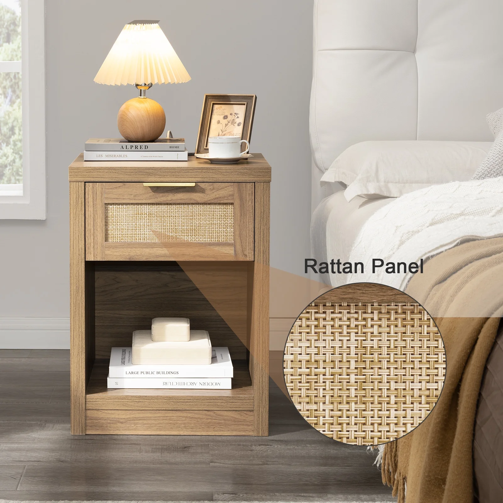 OAKHAM Rattan Nightstands Set of 2 with Charging Station, Boho Bedside Table with Drawers, End Table for Living Room, Bedroom, Weathered Oak