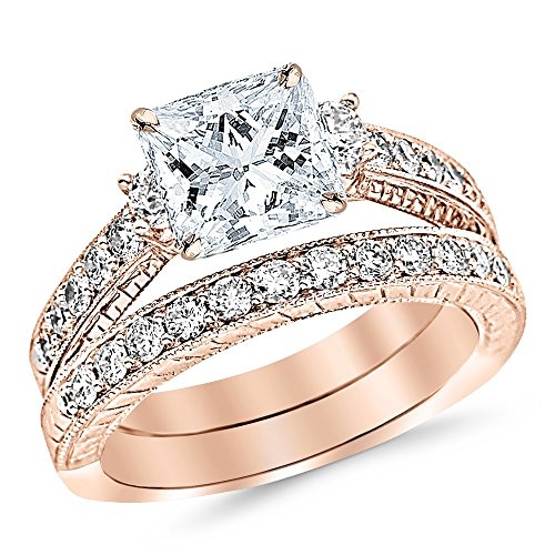 14K White Gold 2 Carat LAB GROWN DIAMOND Three Stone Vintage With Milgrain & Filigree Bridal Set with Wedding Band & Princess Cut Diamond Engagement