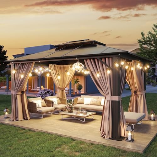 Aoxun 12'x10' Hardtop Gazebo, Aluminum Frame Permanent Pavilion with Curtains and Netting, Outdoor Polycarbonate Double Roof Canopy