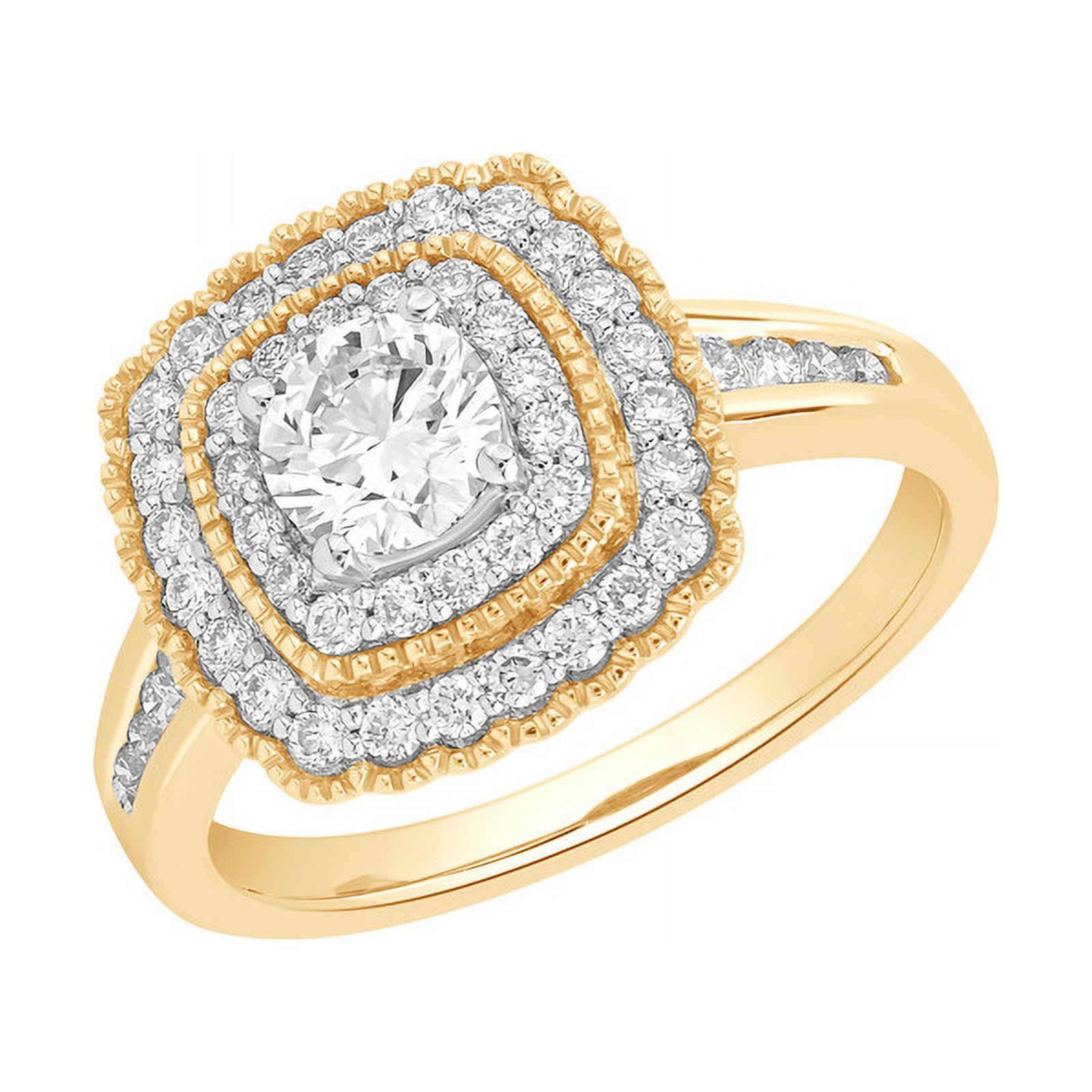 1 Cttw Round Cut Lab Grown Solitaire Diamond with Side Stone Halo Ladies Engagement Ring |Prong Set |14KT Solid Yellow Gold |Size0-7 | Womens Ring