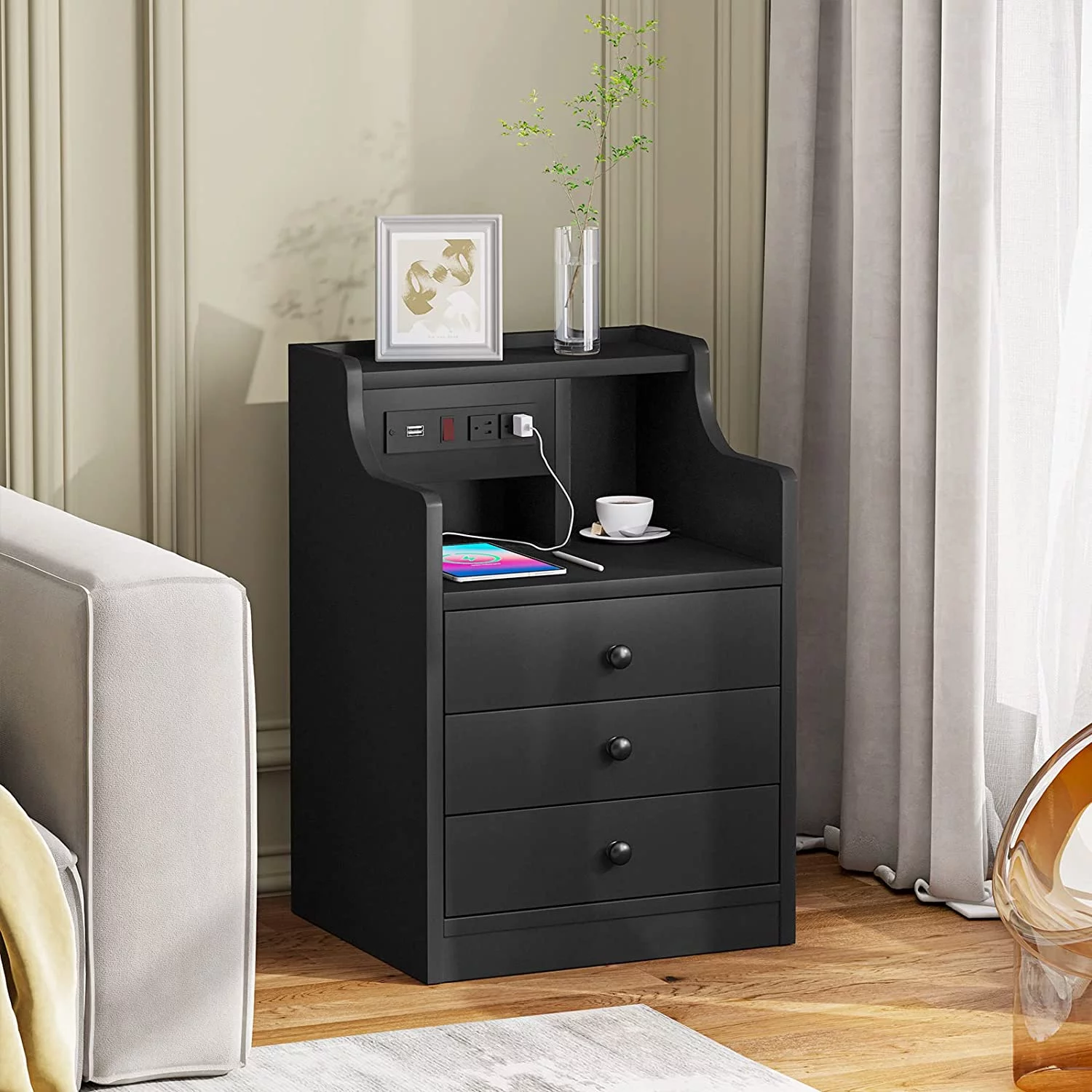 Nightstand Set of 2 with Charging Station, Bedside Table with Hutch and Storage Drawers, Black
