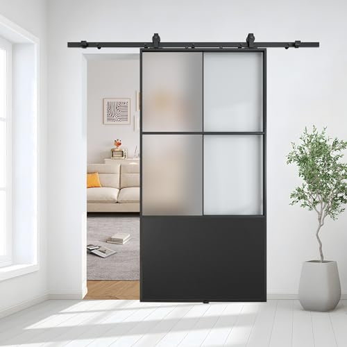 JUBEST 30" x 84" Glass Sliding Barn Door with Top Mounted Hardware Kit Included, 3-Panel Aluminum Frame and Frosted Tempered Glass French Door