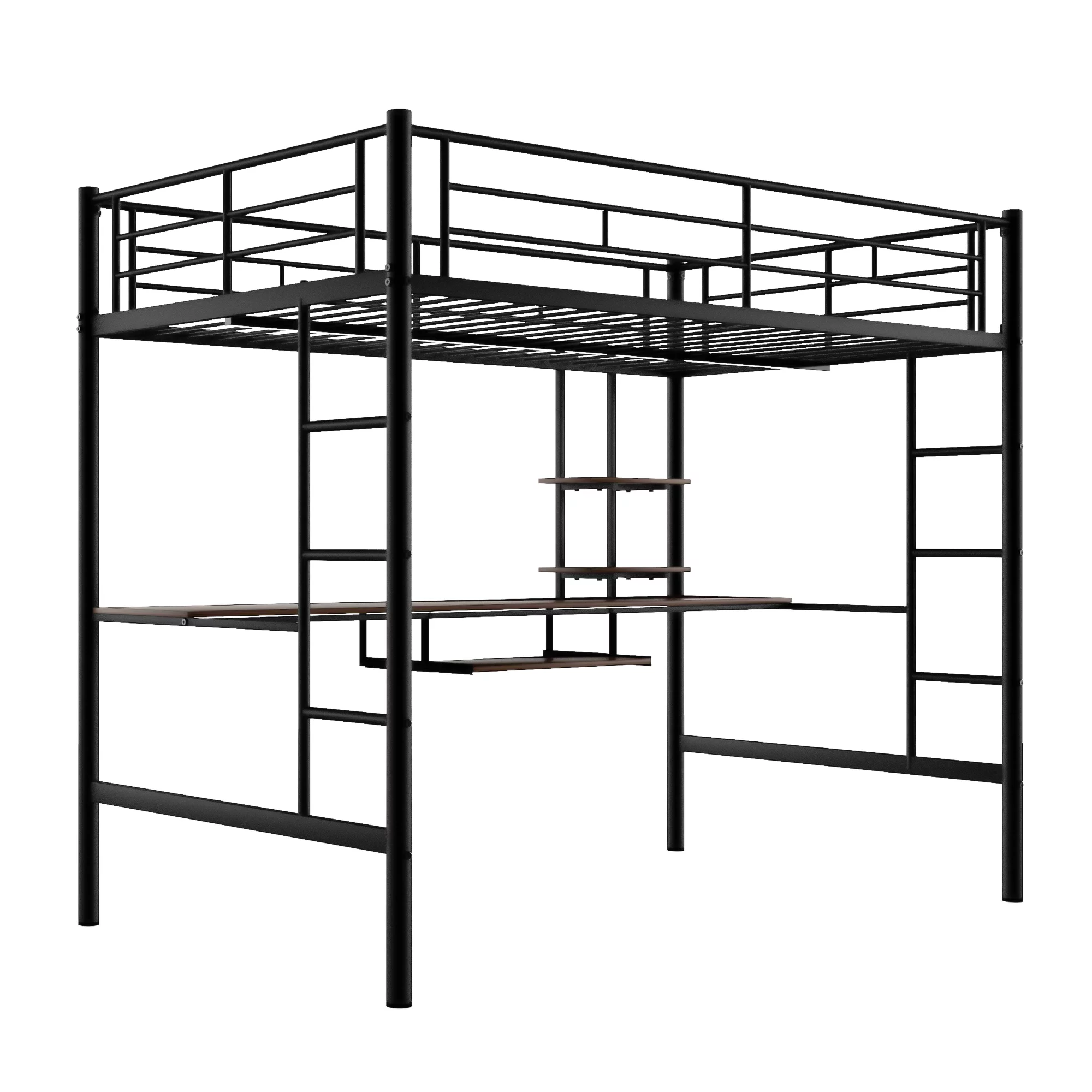 Loft Full Bed with Keyboard Tray Single Bunk Bed with 2 Shelves and one Desk Space-Saving Bunkbed High Sleeper Multipurpose Use