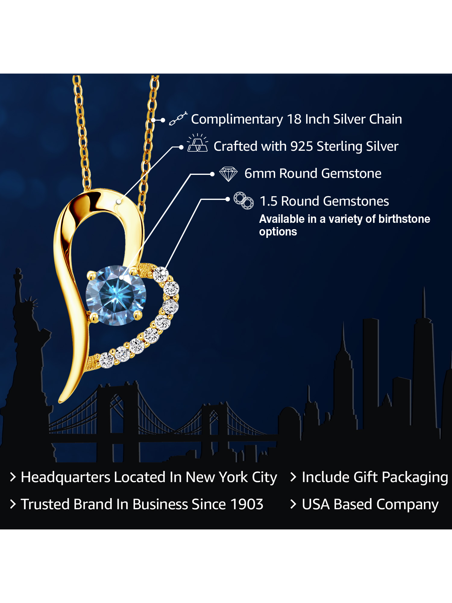 Gem Stone King 18K Yellow Gold Plated Silver Persian Blue Moissanite Heart Shape Pendant Necklace For Women (0.92 Cttw, Round 6MM