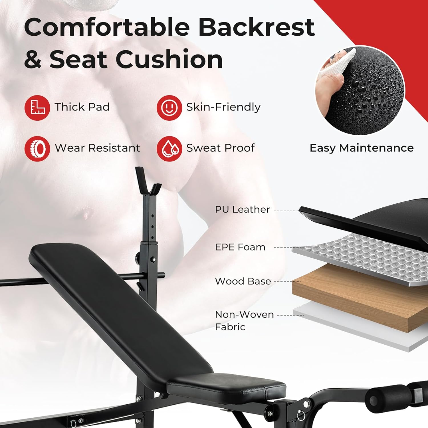 GYMAX Adjustable Weight Bench, Foldable Weight Bench with Squat Racks, Leg Extension & Leg Curl, Strength Training Workout Bench Press