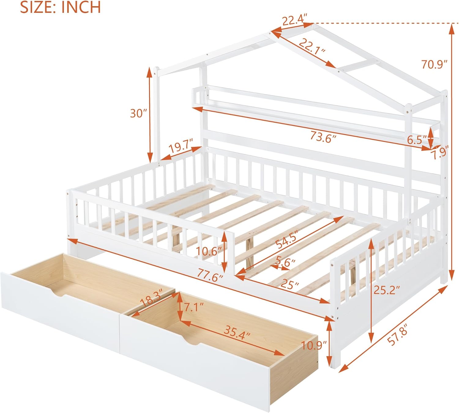 Wooden Full Size House Bed Frame with 2 Drawers and Storage Shelf, Platform Full Beds with Roof and Safety Gurduarls, for Kids, Boys, Girls