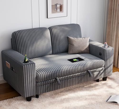 LINSY HOME Sectional Sleeper Sofa with Pull Out Couch Bed Convertible Plush Corduroy Cloud Couch with Storage Chaise & USB Charging