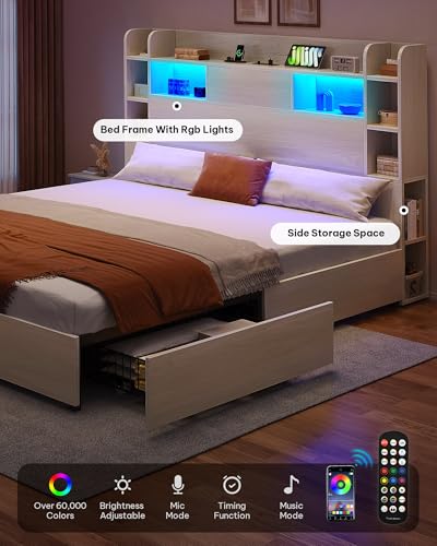 YITAHOME Queen Bed Frame with Bookcase Headboard and 4 Storage Drawers, RGB LED Bed Frame with Type-C & USB Charging Station Storage Headboard Bed