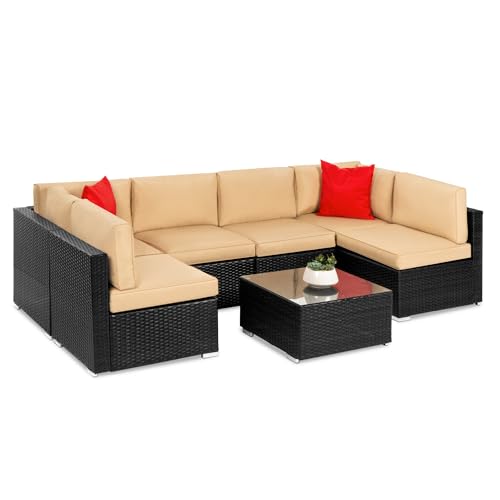 Best Choice Products 7-Piece Modular Outdoor Sectional Wicker Patio Conversation Set w/ 2 Pillows, Coffee Table, Cover Included - Gray/Navy