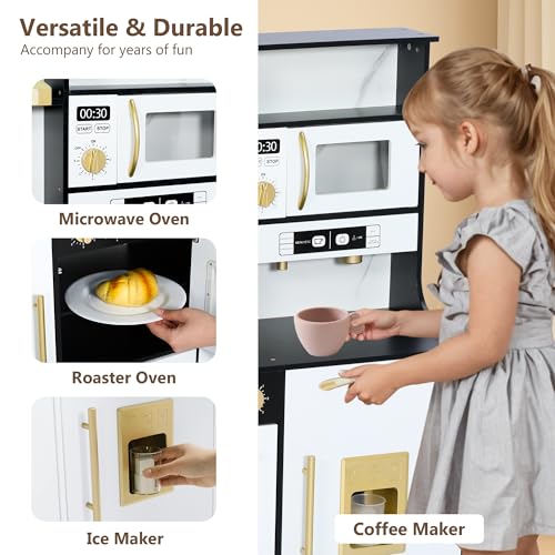 Kinder King Wooden Kids Play Kitchen, Toy Kitchen Playset for Toddler, Play Kitchen Set w/Real Sounds, Pretend Coffee Machine, Kitchen Hood, Sink