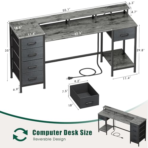 47 Inch Computer Gaming Desk with Power Outlets LED Lights Reversible Home Office with Adjustable Fabric Storage Drawers for Working Writing Study