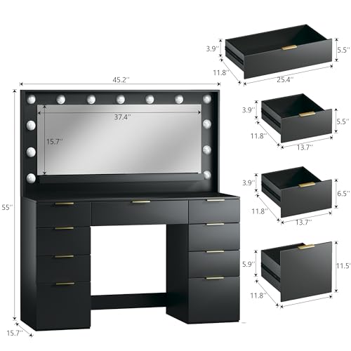 Vanity Desk with Large Mirror and Lights, 45.3in Makeup Vanity with Power Outlet 9 Drawers & Storage, 3 Lighting Color Adjustable