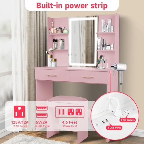 Vanity Set with Lights and Stool, Vanity Desk with Mirror and Lights，Vanity Power Outlet,Vanity Desk with Drawers