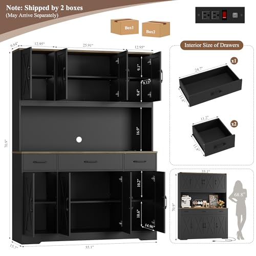 HOSTACK 71" Tall Kitchen Pantry Storage Cabinet with Charging Station, 55" Wide Kitchen Hutch Cabinet with Large Countertop