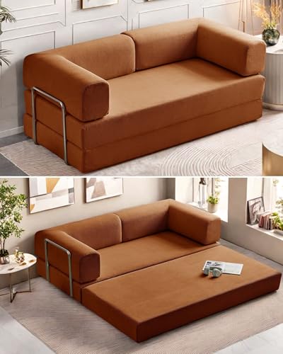 Convertible Floor Sofa Bed, Foldable Mattress Cloud Couch with Pillow Back & Armrest, Chenille Sleeper Sofa Bed with Fixed-Shape Frame