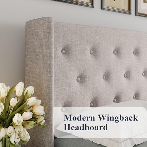 Allewie Full Size Lift Up Storage Bed, Modern Wingback Headboard, Hydraulic Support, No Box Spring Needed, Light Beige