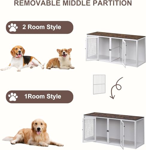 71 Inch Dog Crate Furniture for 2 Dogs, XXL Double Cage with Removable Divider & Large Doors, Heavy Duty Wooden Dog Kennel, Indoor Pet House (Black