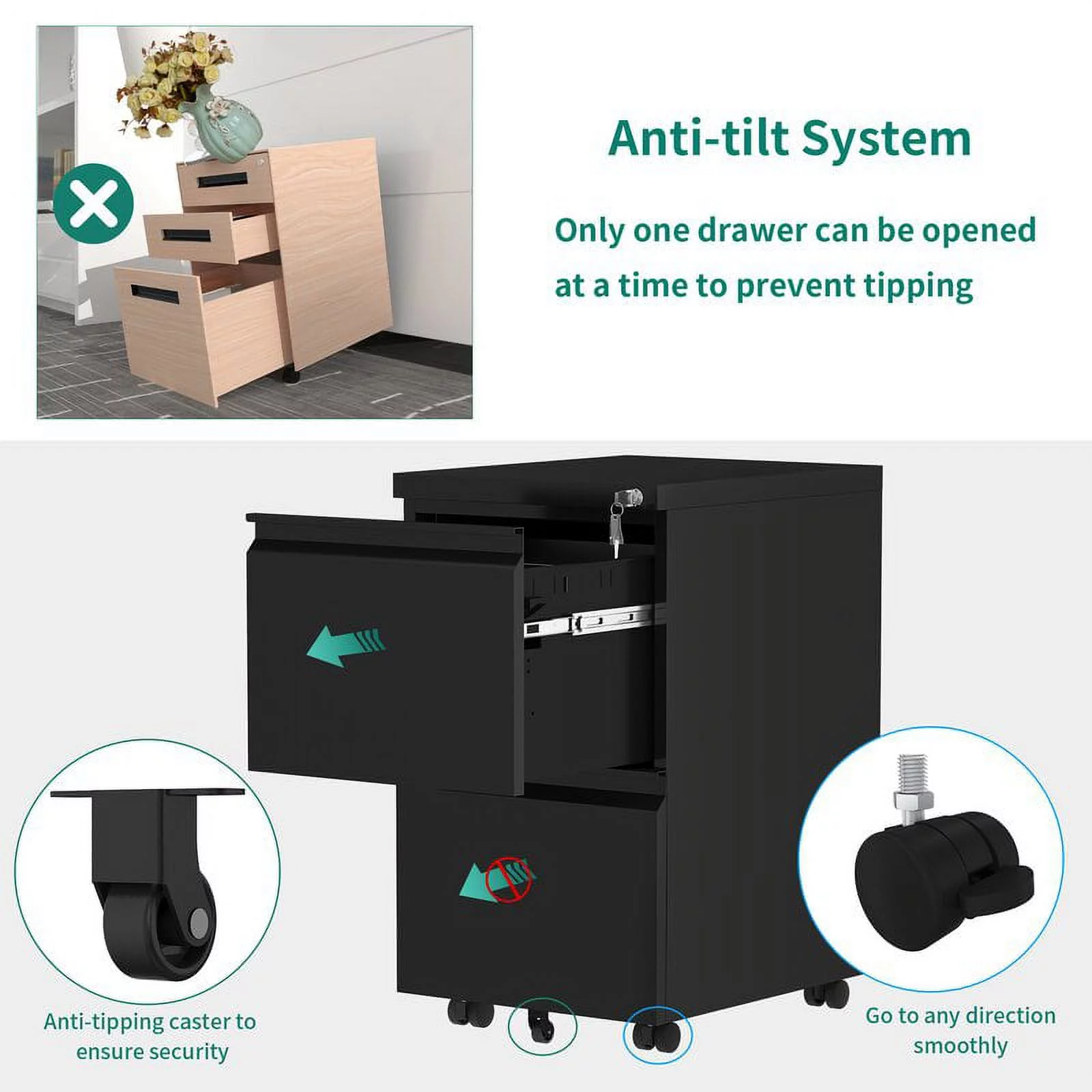 DWVO 2-Drawer Vertical File Cabinet Office Organizer Locking Steel Rolling Legal A4 Size - Radiant Selections