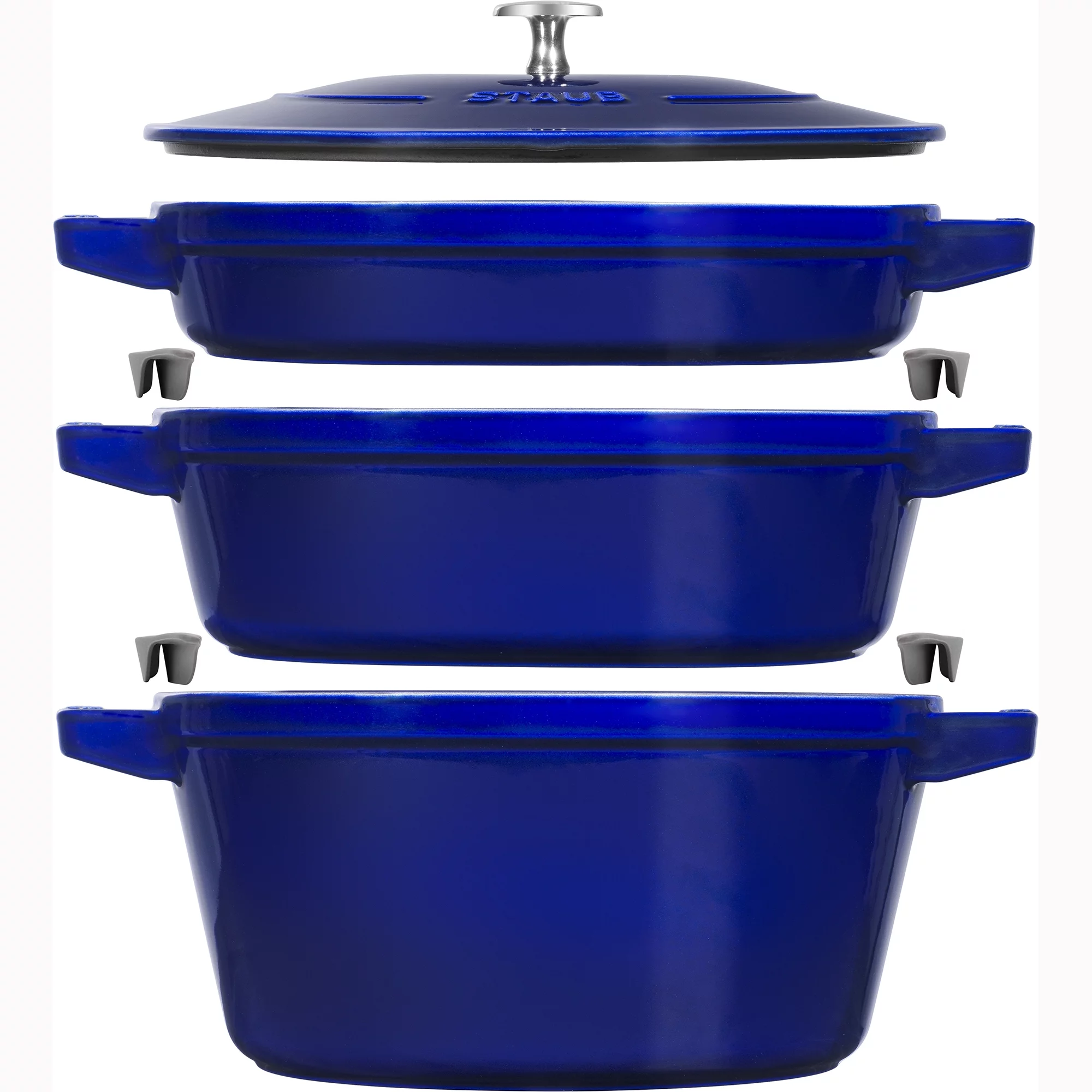 STAUB Cast Iron Set 4-pc, Stackable Space-Saving Cookware Set, Dutch Oven with Universal Lid, Made in France, Dark Blue