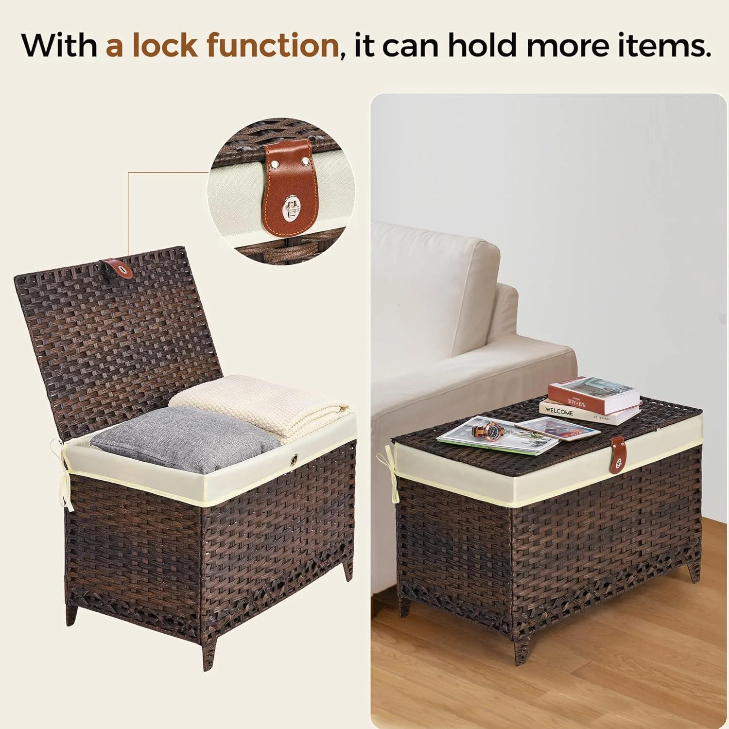 Wicker Storage Basket with Lid,Rattan Shelf Basket with Removable Liner Bag,160L Storage Bin,Storage Trunk with Heightened Feet