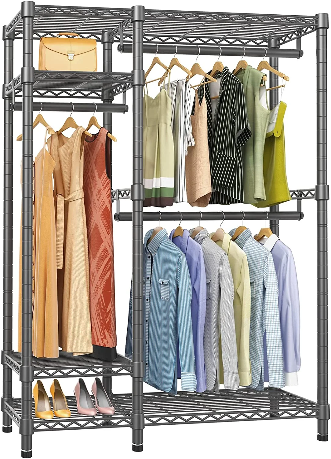 V2S Garment Rack Heavy Duty Metal Clothing Rack, 4 Tiers Wire Shelving Clothes Rack with 3 Hanging Rods