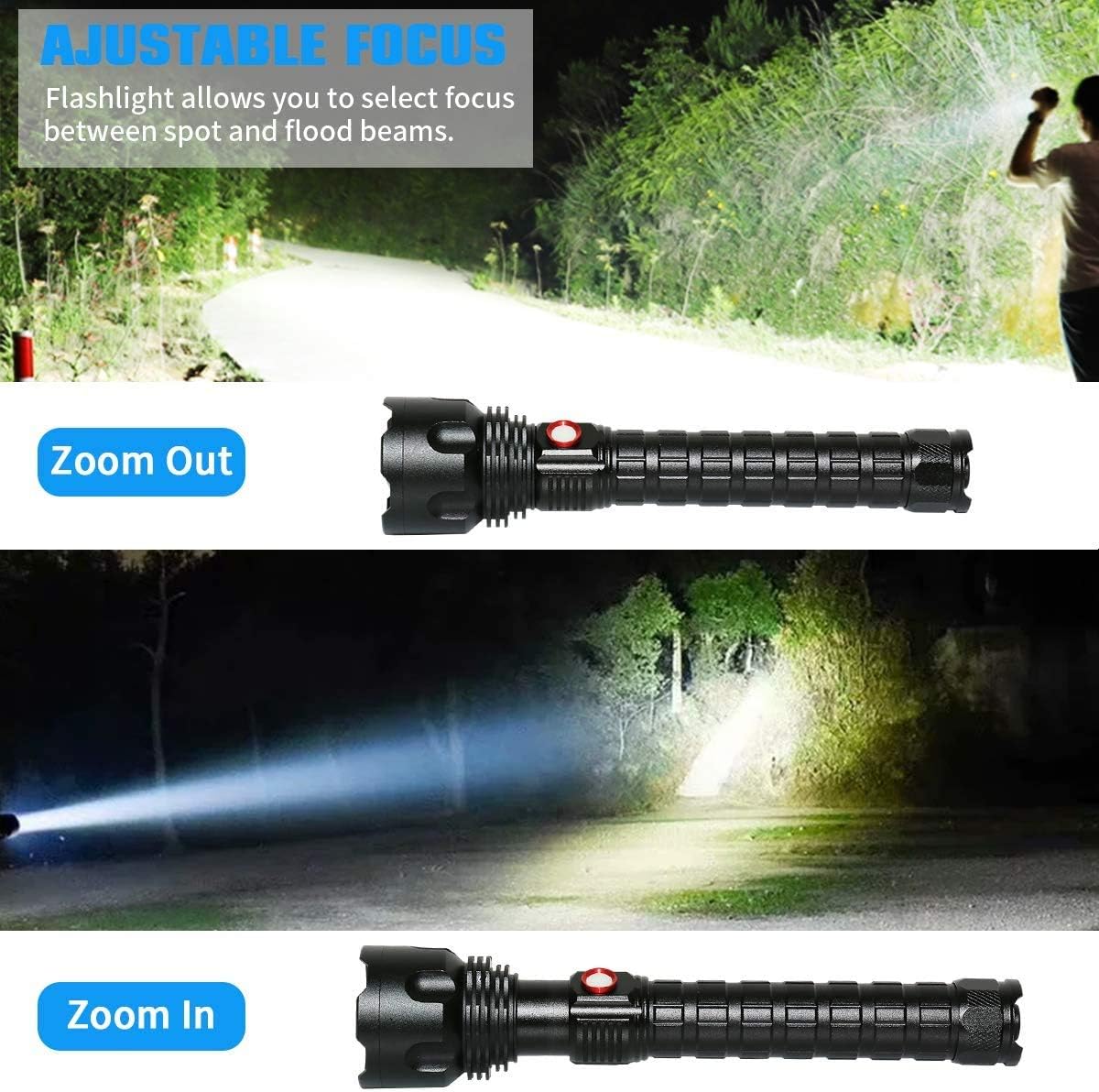 High Power XHP90 LED Flashlight 30000 Lumens Ultra Bright XHP90 LED Handheld Flashlight USB Type-C Rechargeable Torch Adjustable Zoomable Waterproof