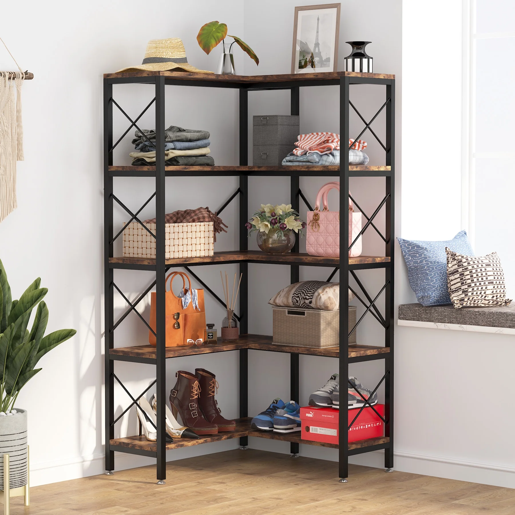 Tribesigns 5-Tier Bookshelf, Modern Corner Bookcase, Tall Corner Shelf Open Display Rack for Living Room Home Office, Rustic Brown