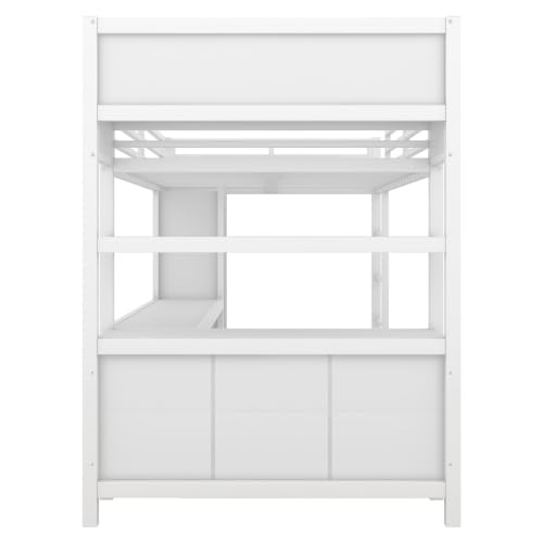 Metal Loft Bed with Wardrobe and L-Shaped Desk, Full Size Loft Bed with Storage Cubes and Shelves, Heavy Duty Loft Bed for Kids Teens, White