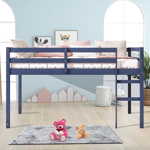 Low Loft Bed Twin Size, Kids Solid Wood Modern Loft Bed Frame with Ladder and Safety Guardrail for Girls Boys, Noise-Free,Non-Toxic Finishes