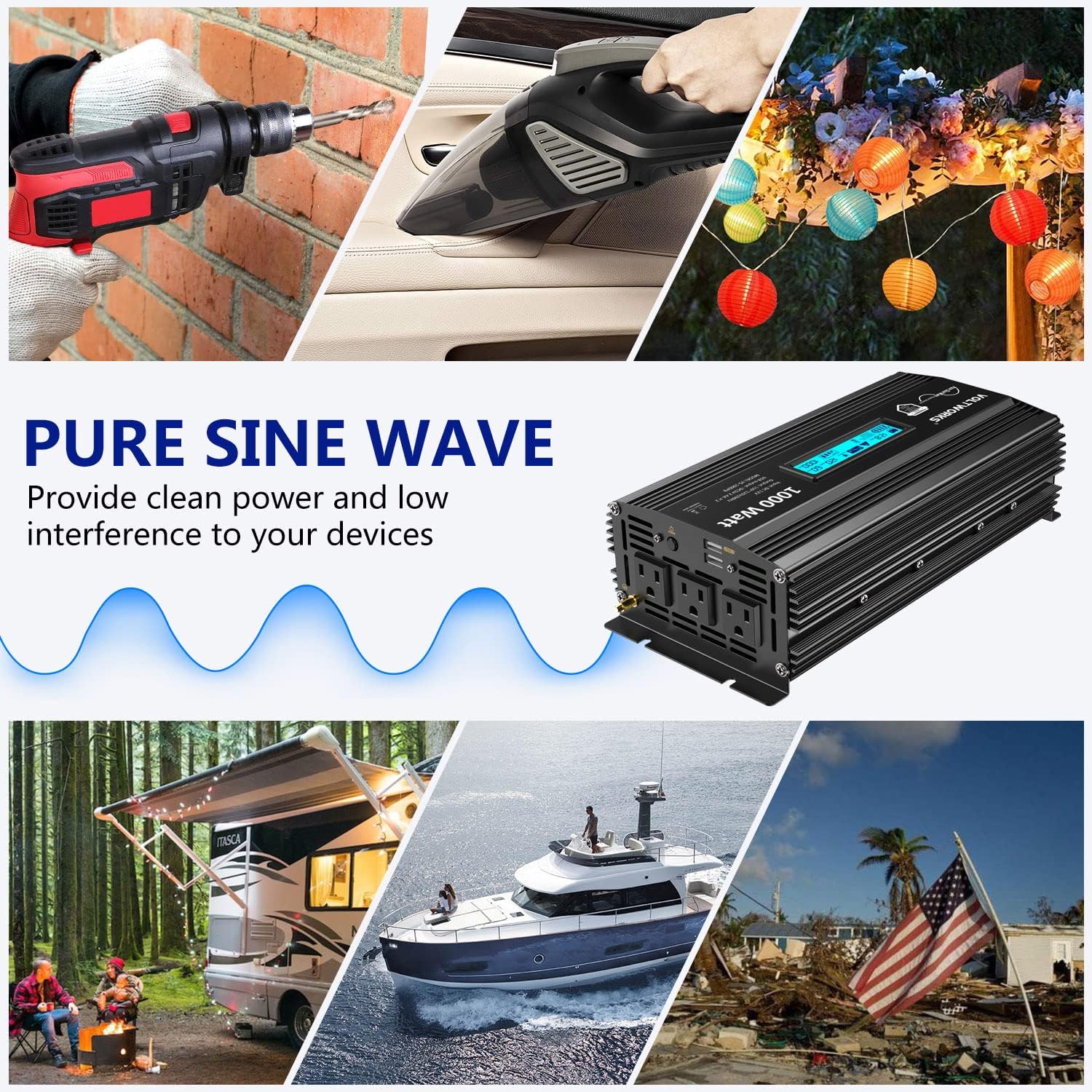 Pure Sine Wave 2500 Watt Car Power Inverter 2500w Converter DC 12V to 110V-120V AC with LCD Display 2 AC Outlets 2x2.4A USB Ports 1 AC Terminal Block
