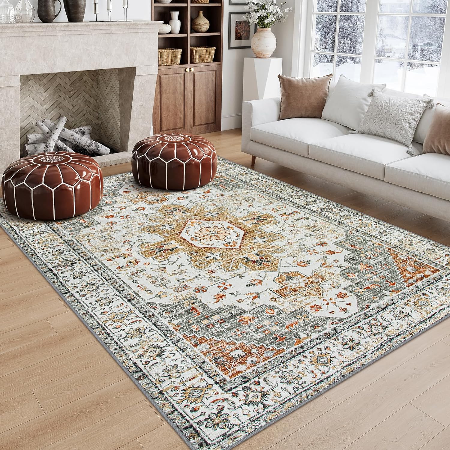 Moynesa Ultra-Thin Vintage Area Rug 6x9, Large Living Room Rugs for Bedroom Aesthetic, Washable Carpet for Under Dining Room Table