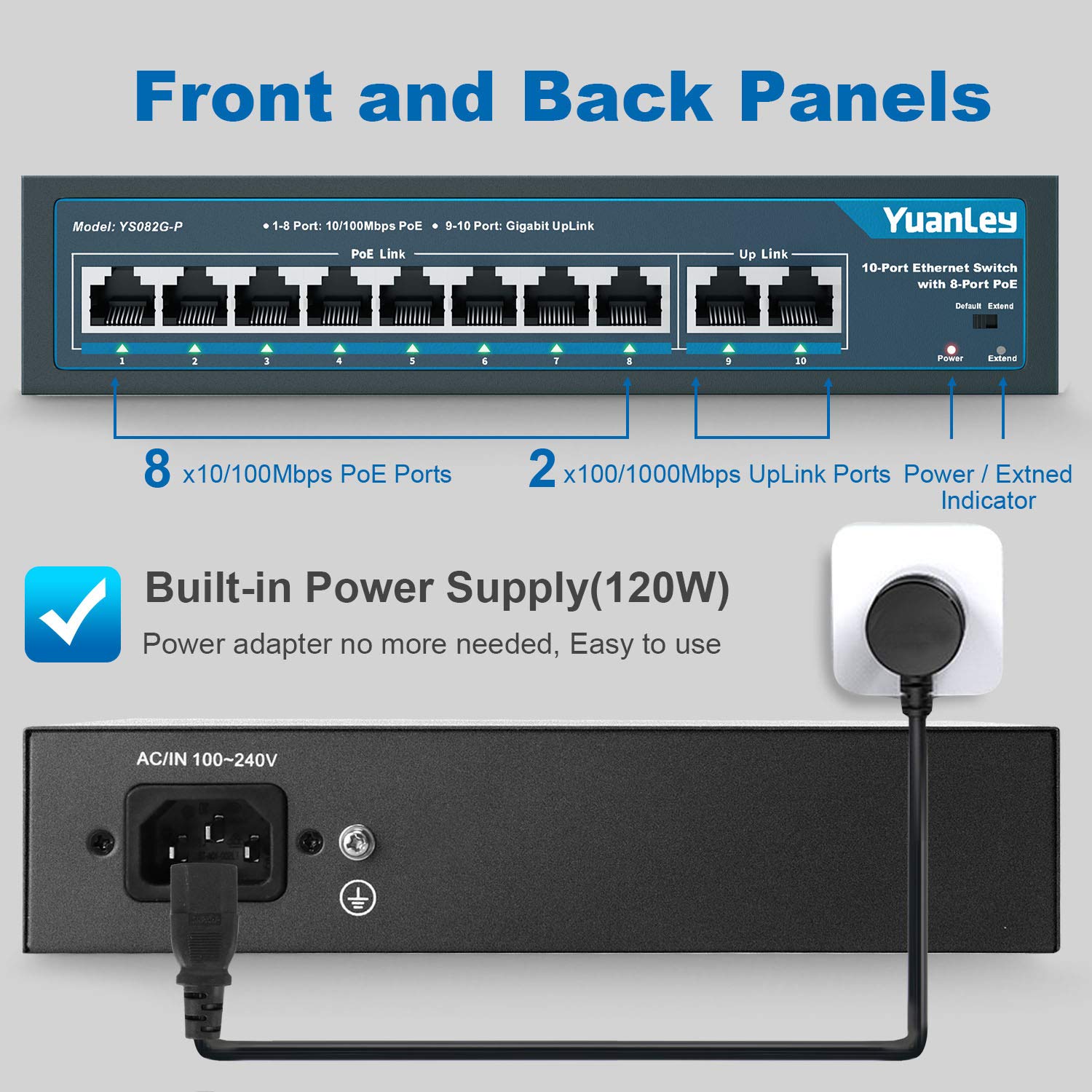 YuanLey 10 Port PoE Switch, 8 PoE+ Port 100Mbps, 2 Gigabit Uplink, 120W 802.3af/at, Extend Function, Metal, Fanless, Plug and Play Pack of 2
