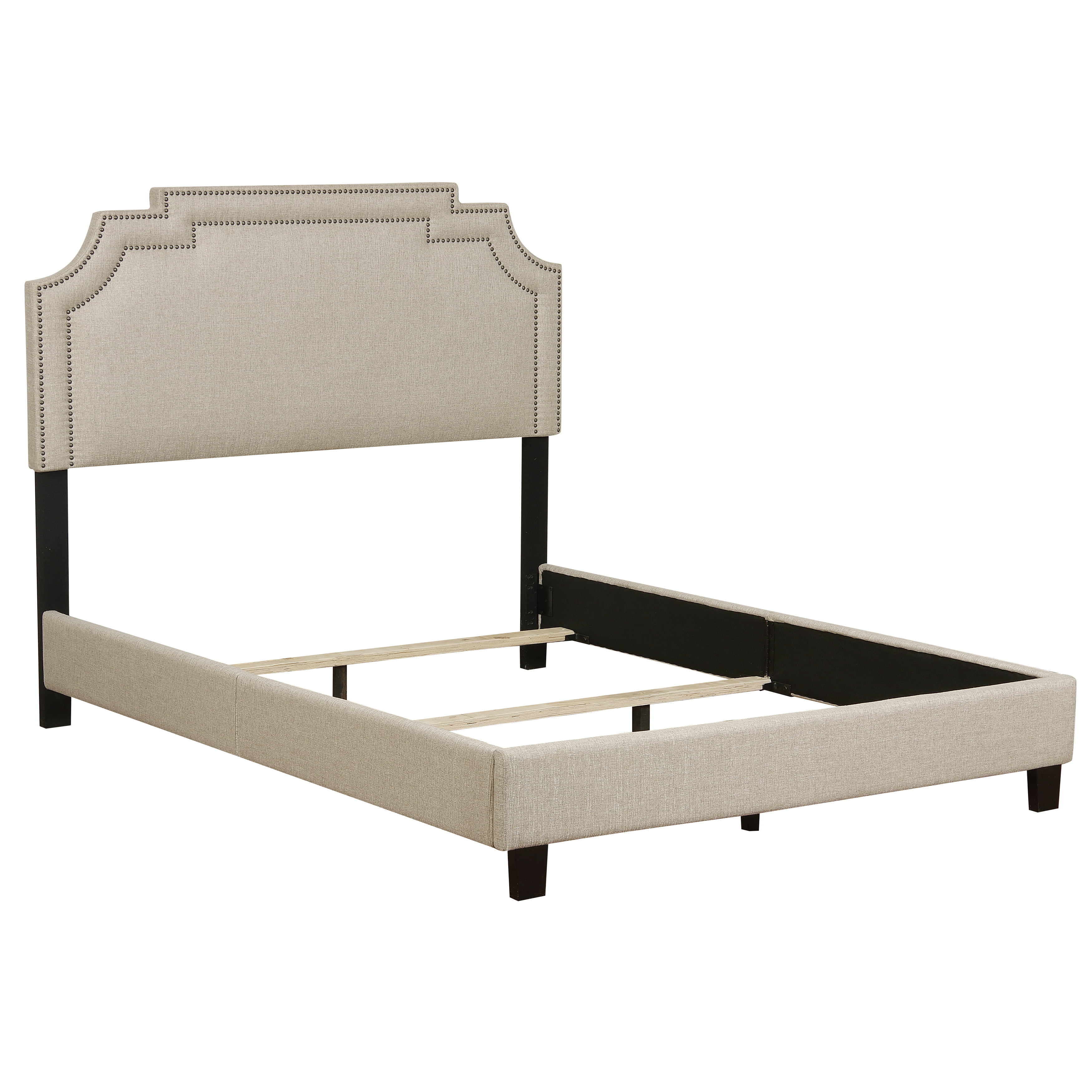 Nailhead Marquee Upholstered Queen Bed in Linen White
