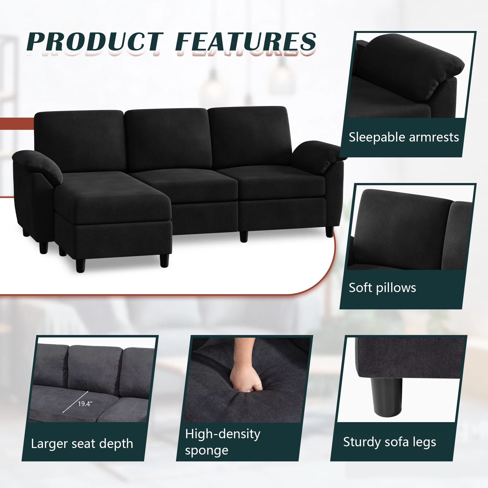 Walsunny 79 Convertible Sectional Sofa Couch,Linen Fabric L Shaped Sofa with Removable Pillows Dark Gray