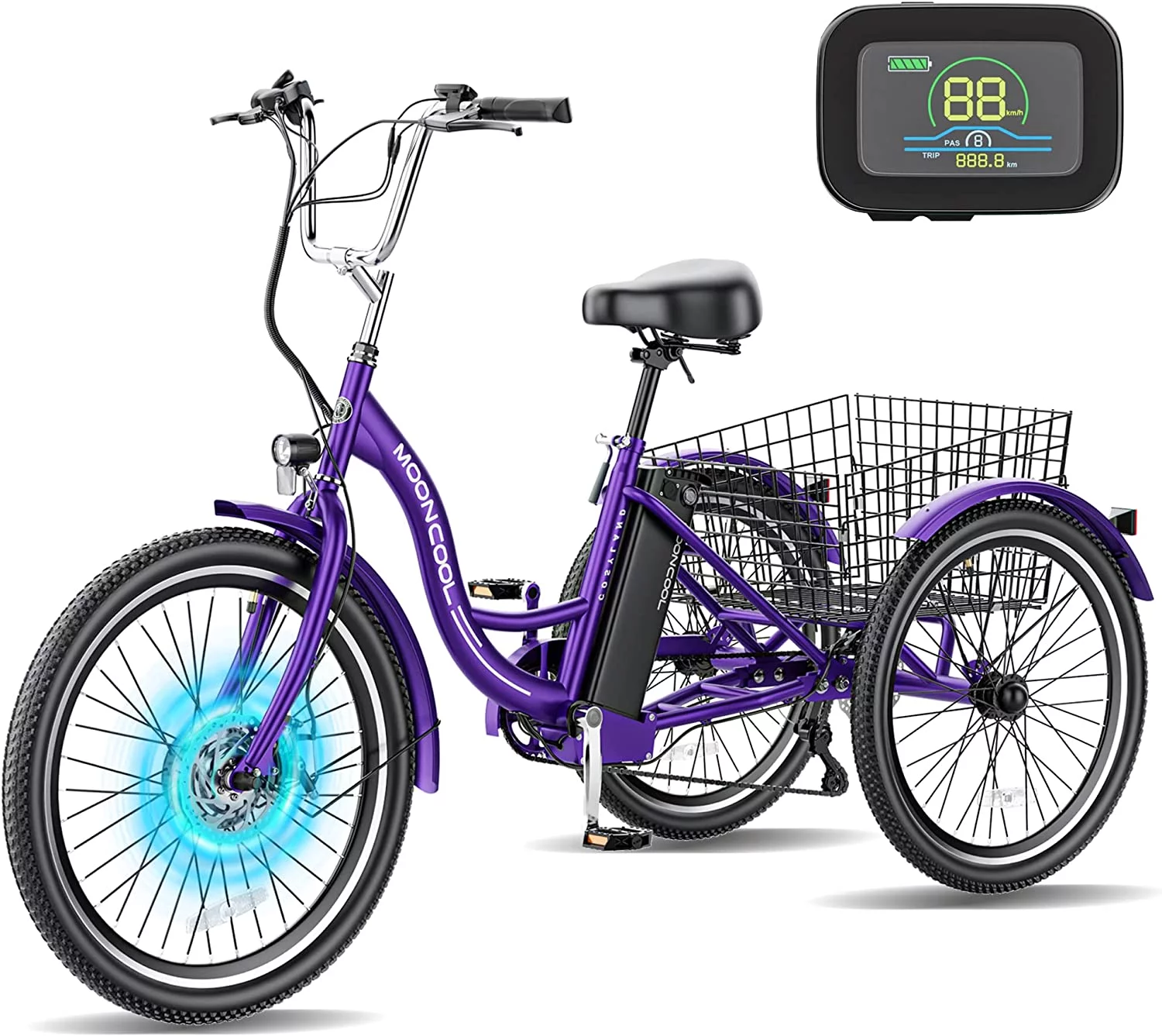MOONCOOL 350W Motorized Electric Trike, 7 Speed 3 Wheel Electric Bicycle with 36V 14.5Ah Lithium Battery UL Certified